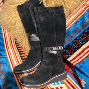 Weatherproof Black Suede Heeled Boots with Strap
